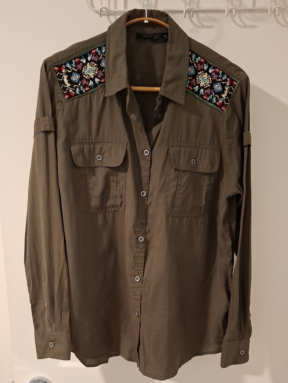 Topshop Khaki Military/Boho Button-Down with Beaded Shoulders (Size US 6/S)